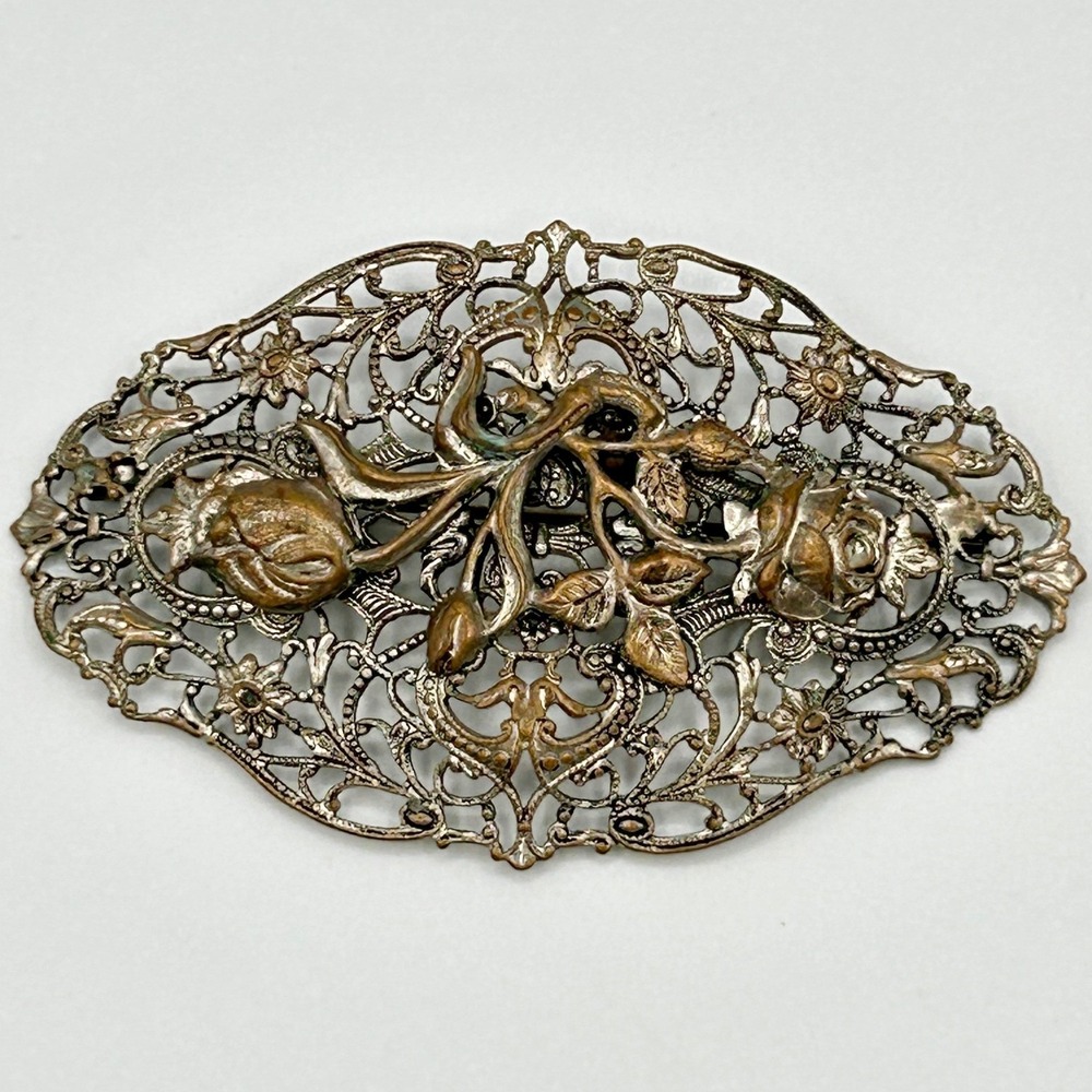Vintage Filigree Rose Brooch Silver Tone Metal Floral Pin Oval 3 Inch Large